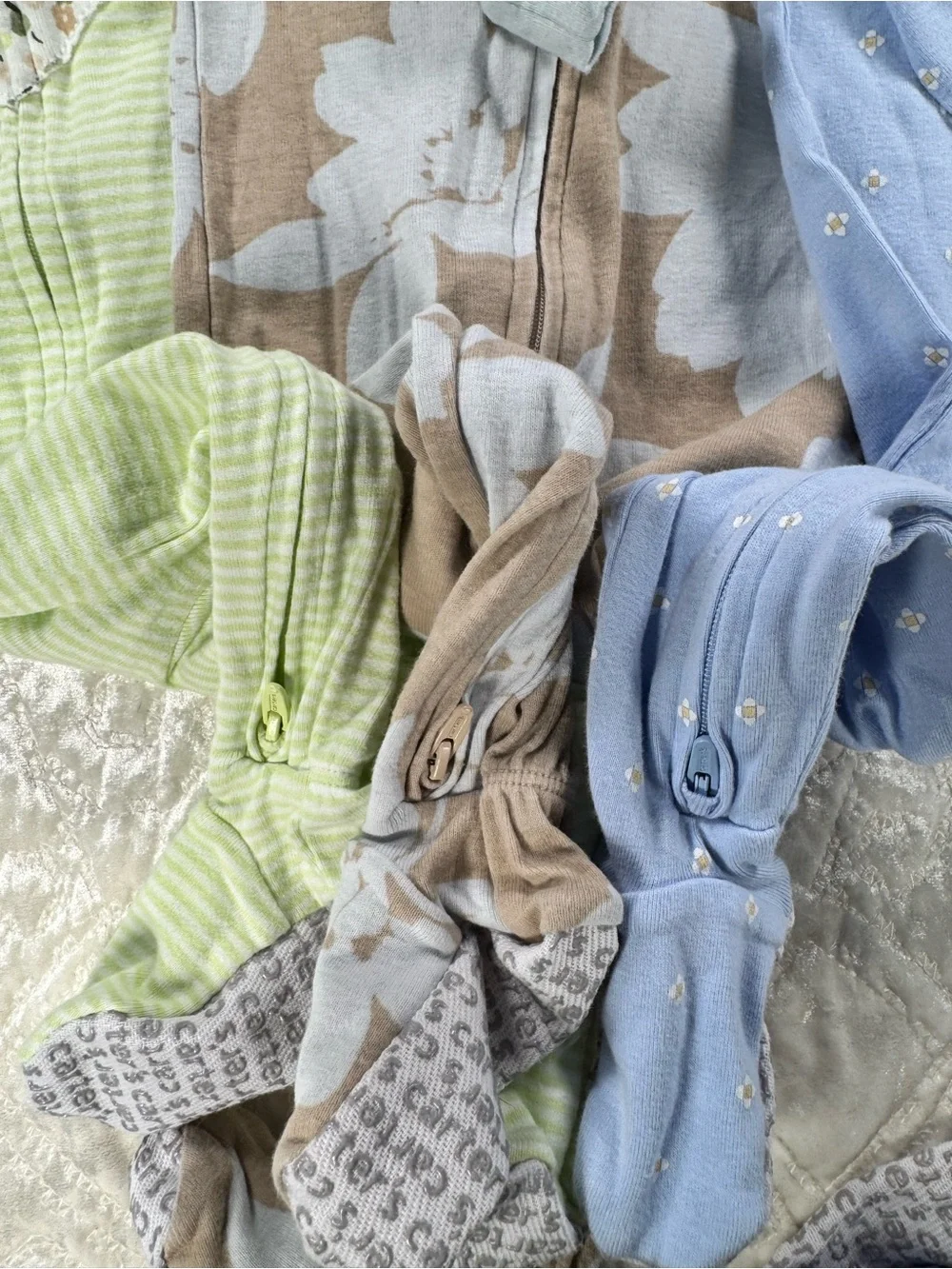 Carter's 2 way Green Stripe, Brown Floral, and Blue Floral Baby Footies - 3 Pack
